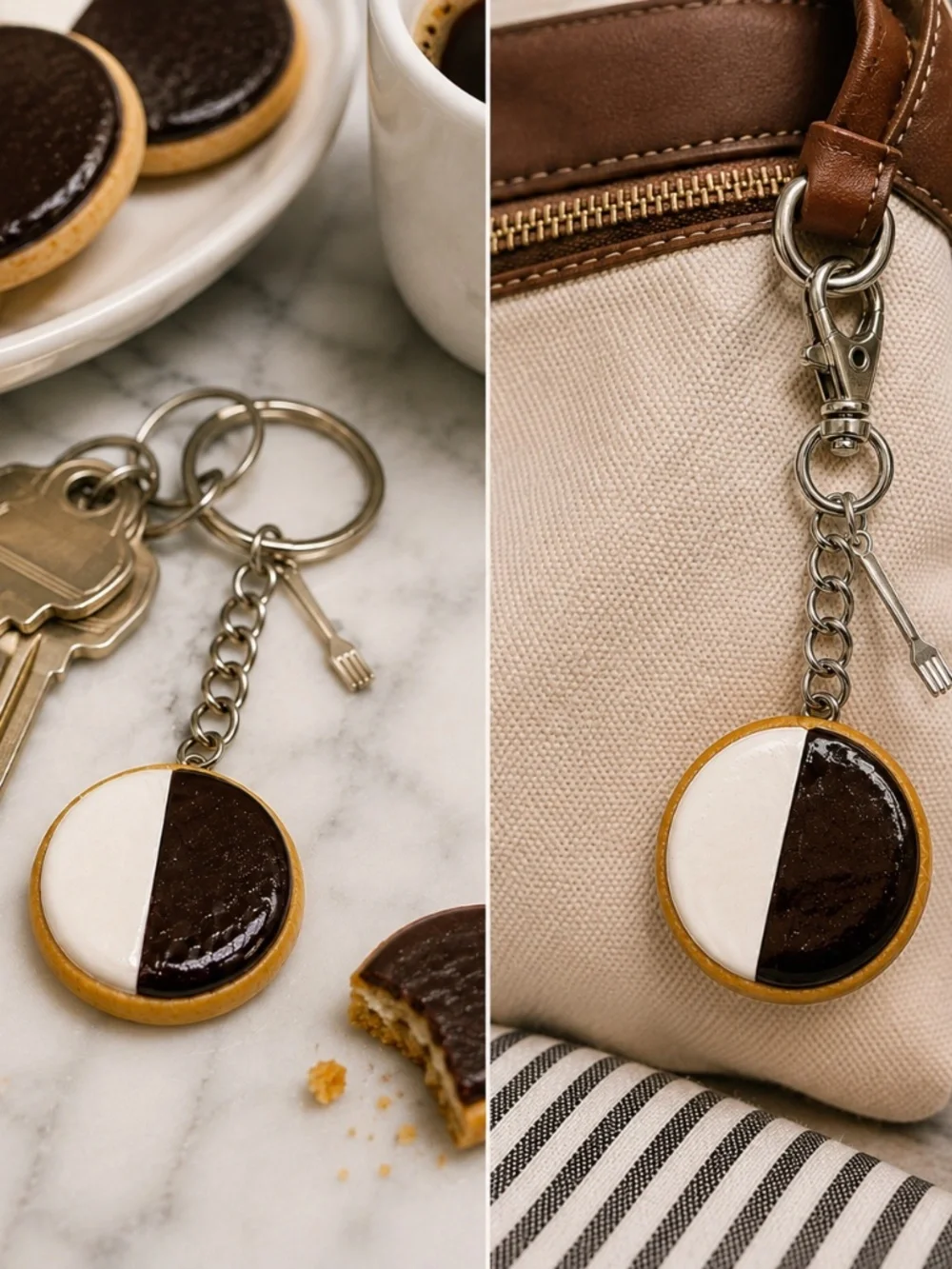 Black & White Cookie Keychain or Bag Clip | Handmade Polymer Clay Dessert Charm